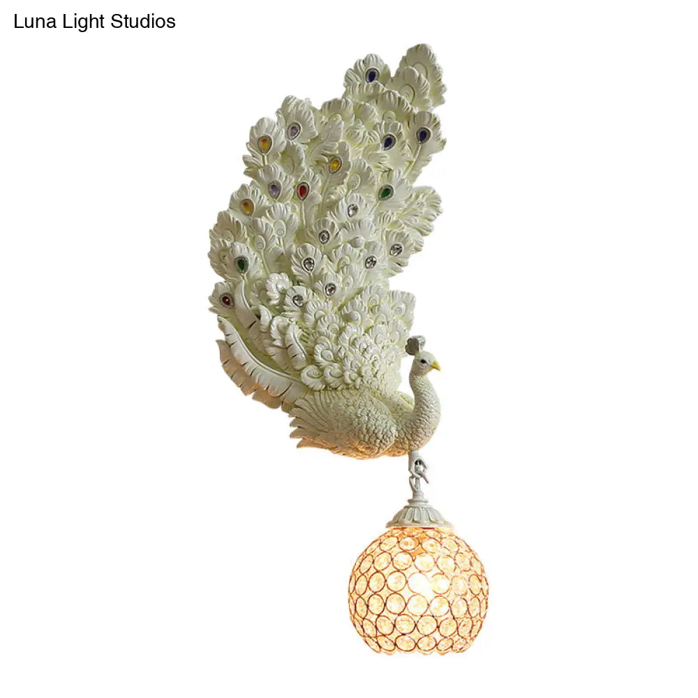 Retro Style Peacock Wall Sconce Light With Clear K9 Crystal Shade In White/Blue/Green - Left/Right