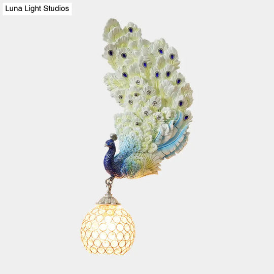 Retro Style Peacock Wall Sconce Light With Clear K9 Crystal Shade In White/Blue/Green - Left/Right