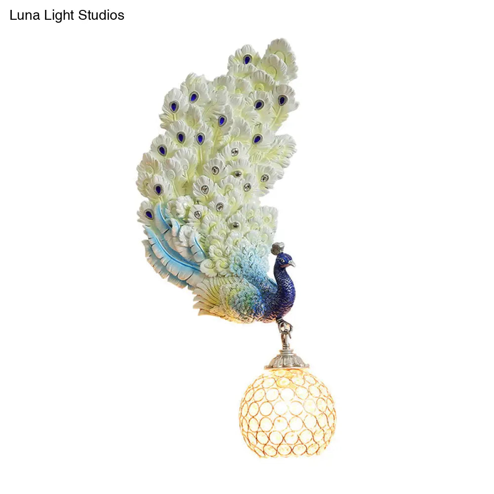 Retro Style Peacock Wall Sconce Light With Clear K9 Crystal Shade In White/Blue/Green - Left/Right