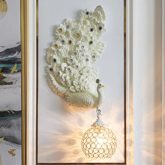 Retro Style Peacock Wall Sconce Light With Clear K9 Crystal Shade In White/Blue/Green - Left/Right