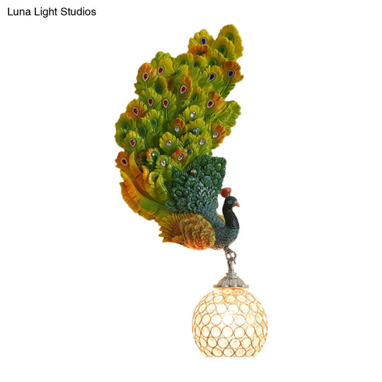 Retro Style Peacock Wall Sconce Light With Clear K9 Crystal Shade In White/Blue/Green - Left/Right