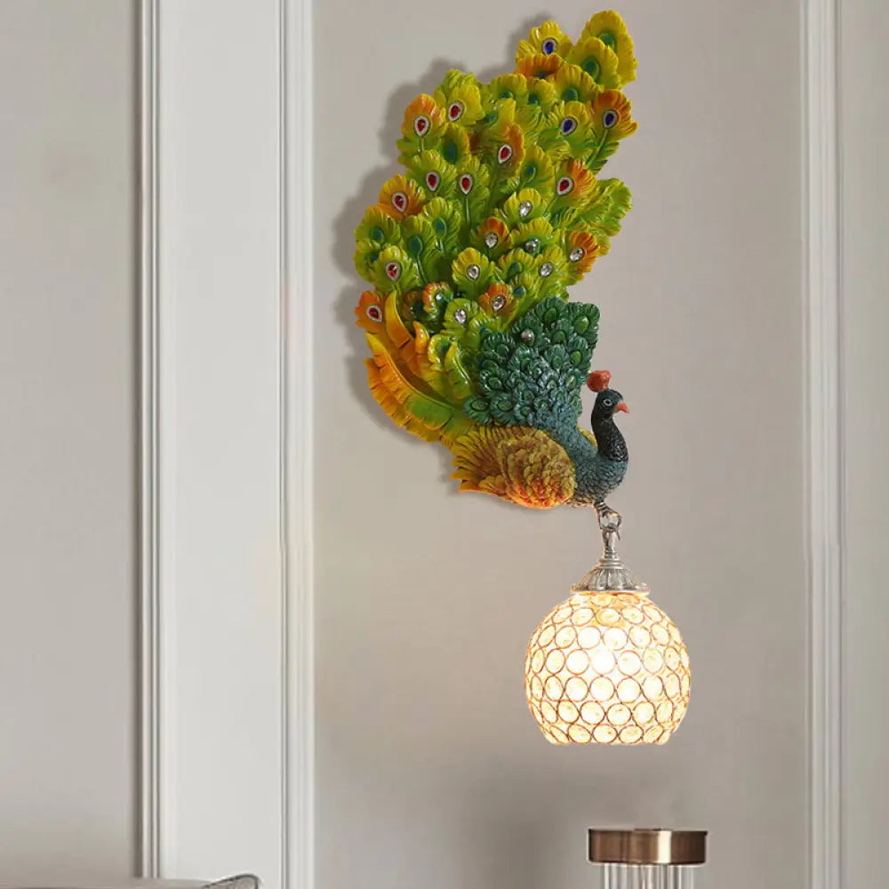 Retro Style Peacock Wall Sconce Light With Clear K9 Crystal Shade In White/Blue/Green - Left/Right