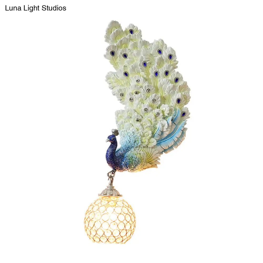 Retro Style Peacock Wall Sconce Light With Clear K9 Crystal Shade In White/Blue/Green - Left/Right