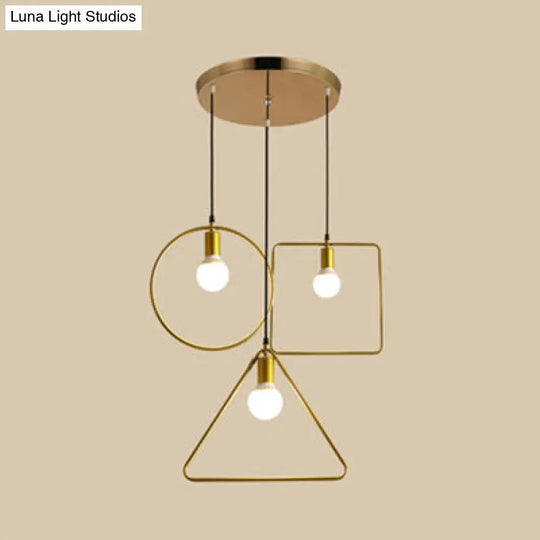 Retro Style Canopy Pendant Light With Frame Shades - Gold Metal Suspended Lamp (3 Lights) / Round