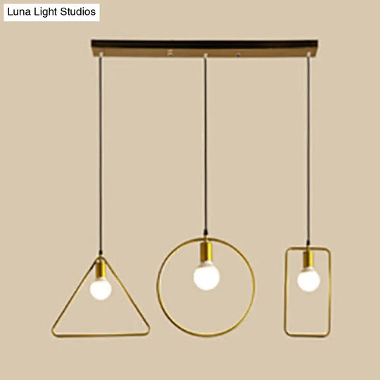 Retro Style Canopy Pendant Light With Frame Shades - Gold Metal Suspended Lamp (3 Lights) / Linear