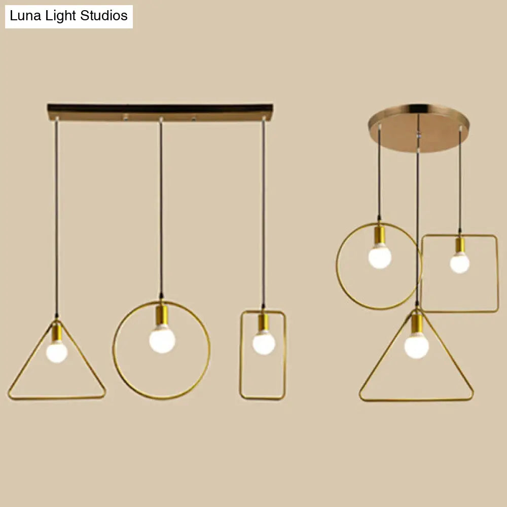 Retro Style Canopy Pendant Light With Frame Shades - Gold Metal Suspended Lamp (3 Lights)