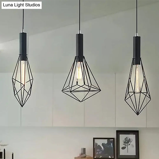 Retro Style Cage Shade Ceiling Light Fixture - Black Metallic Suspended Pendant For Dining Room