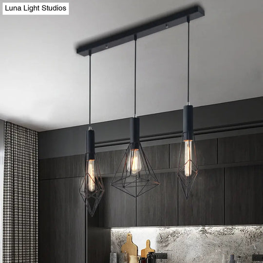 Retro Style Cage Shade Ceiling Light Fixture - Black Metallic Suspended Pendant For Dining Room