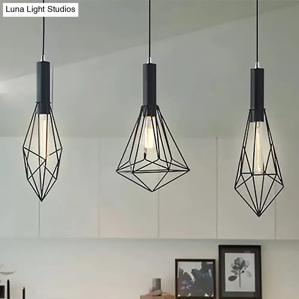 Retro Style Polygon Ceiling Light With Cage Shade - 3 Lights Black Metallic