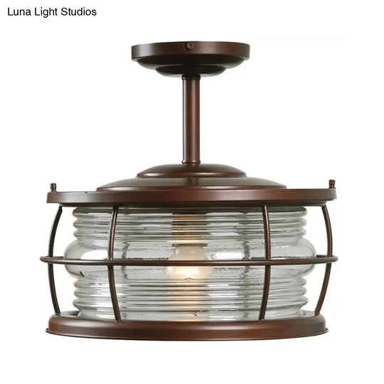 Copper Drum Shade Ribbed Glass Semi-Mount Retro Style Dining Room Lighting