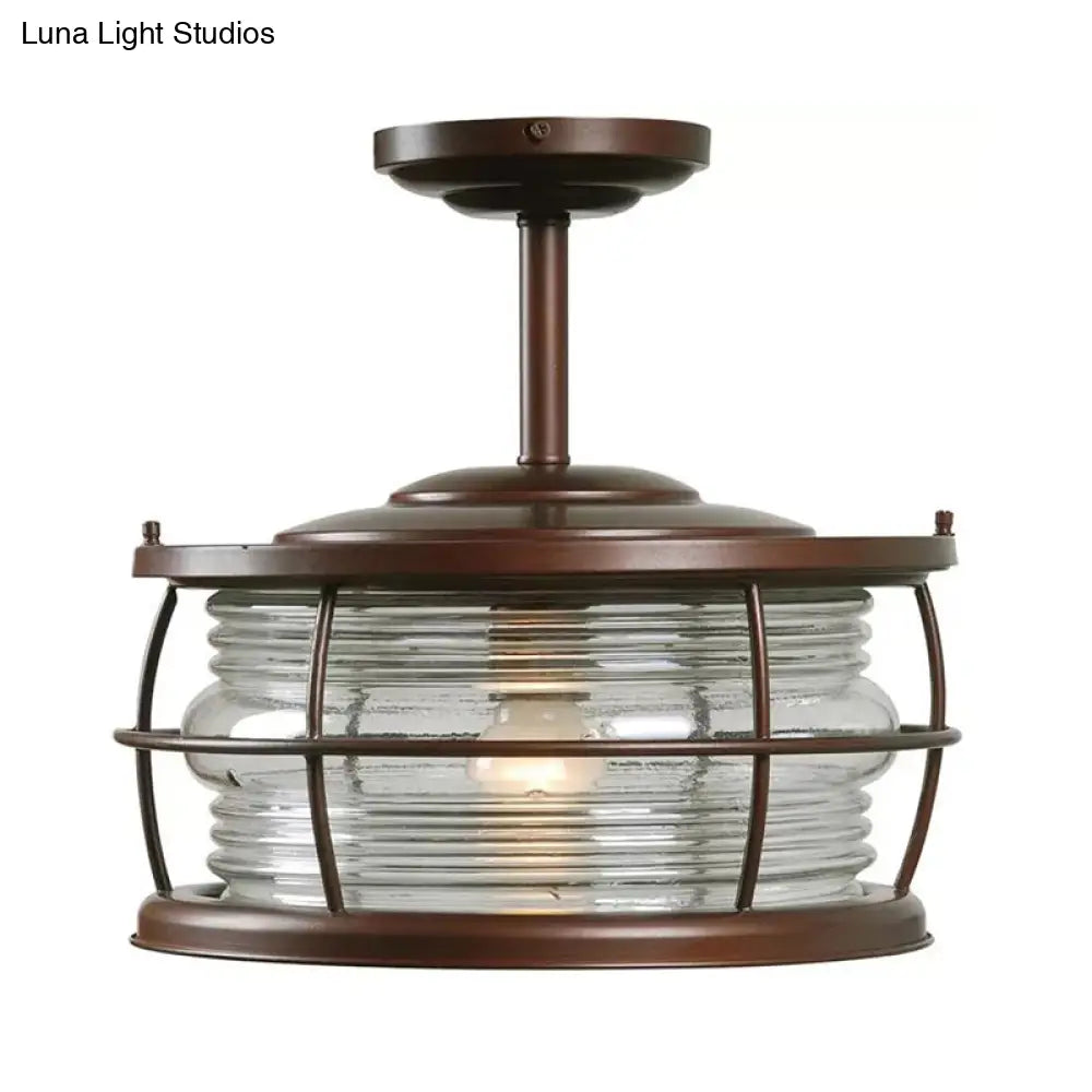 Retro Style Ribbed Glass Semi Mount Lighting With Drum Shade In Copper Finish - 1 Bulb For Dining