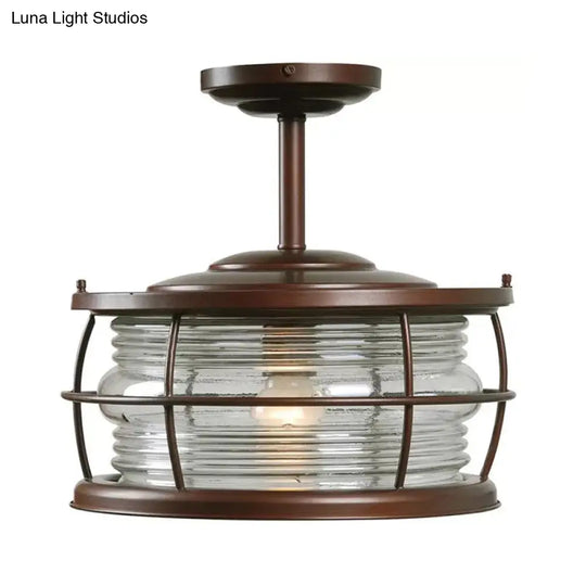 Retro Style Ribbed Glass Semi Mount Lighting With Drum Shade In Copper Finish - 1 Bulb For Dining