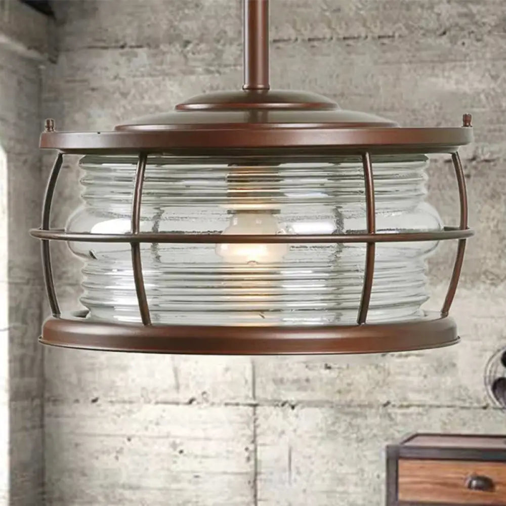 Retro Style Ribbed Glass Semi Mount Lighting With Drum Shade In Copper Finish - 1 Bulb For Dining