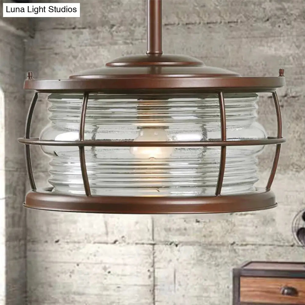 Copper Drum Shade Ribbed Glass Semi-Mount Retro Style Dining Room Lighting