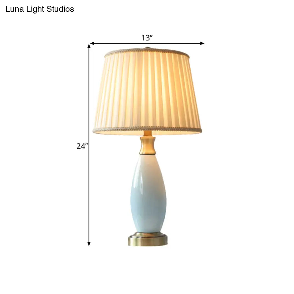 Retro Style Ridged Cone Night Light Fabric Desk Lamp With Blue Ceramic Oval Decor