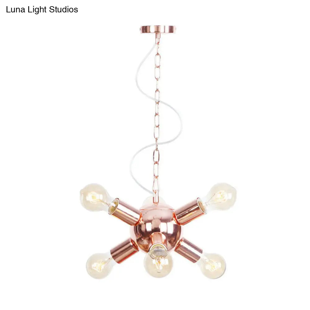 Retro Style Rose Gold Starburst Chandelier - Metallic Suspension Light (6/9 Lights) For Restaurants