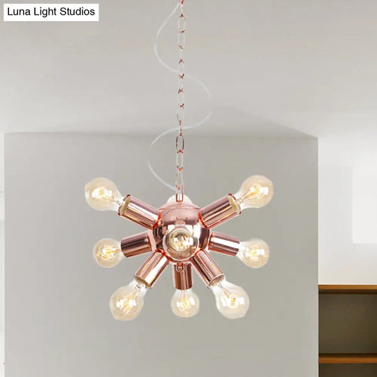 Retro Style Rose Gold Starburst Chandelier - Metallic Suspension Light (6/9 Lights) For Restaurants