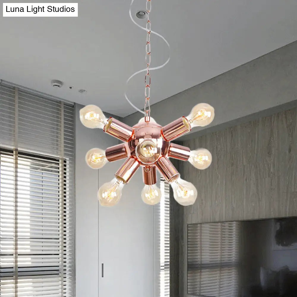 Retro Style Rose Gold Starburst Chandelier - Metallic Suspension Light (6/9 Lights) For Restaurants