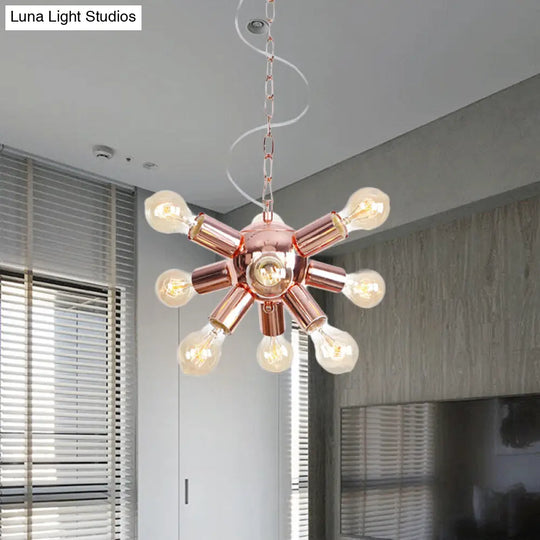 Retro Style Rose Gold Starburst Chandelier - Metallic Suspension Light (6/9 Lights) For Restaurants