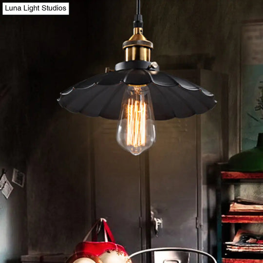 Retro Style Single-Bulb Black Metal Pendant Ceiling Light- Scalloped Cone Design For Restaurants /