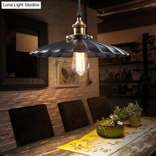 Retro Style Single-Bulb Black Metal Pendant Ceiling Light- Scalloped Cone Design For Restaurants /