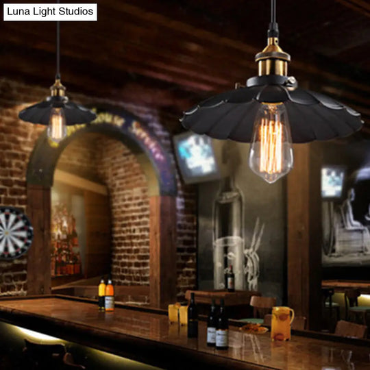 Retro Style Single-Bulb Black Metal Pendant Ceiling Light- Scalloped Cone Design For Restaurants
