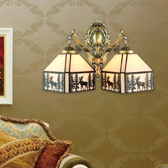 Retro Style Small House Wall Sconce With Stained Glass 2 Heads Deer And Tree Pattern Beige