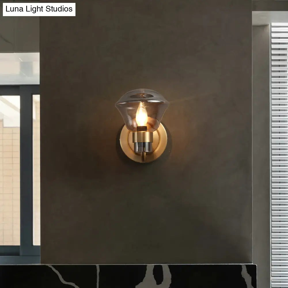 Retro-Style Smoke Gray/Amber Glass Bell Wall Sconce - Brass Mount Light Fixture (1 Bulb)