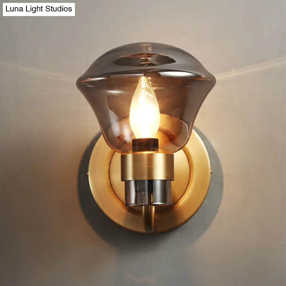 Retro-Style Smoke Gray/Amber Glass Bell Wall Sconce - Brass Mount Light Fixture (1 Bulb)