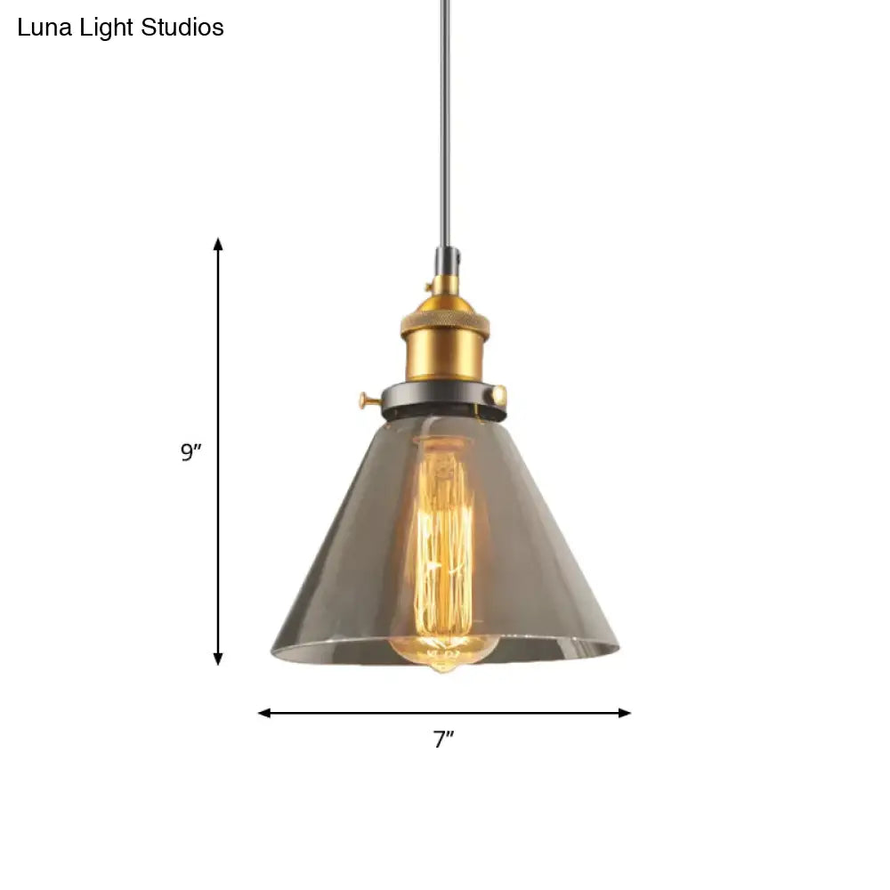 Retro Smoky Grey Glass Pendant Lamp - Brass Finish