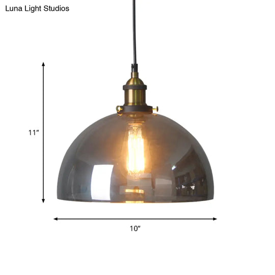 Retro Style Smoky Grey Glass Pendant Lamp - Brass Finish Bedside Ceiling Hanging Light