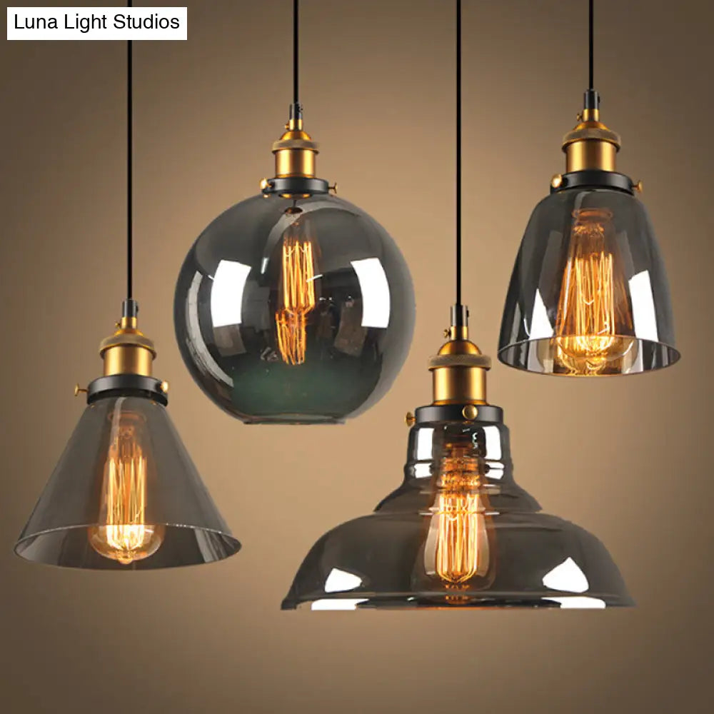 Retro Smoky Grey Glass Pendant Lamp - Brass Finish