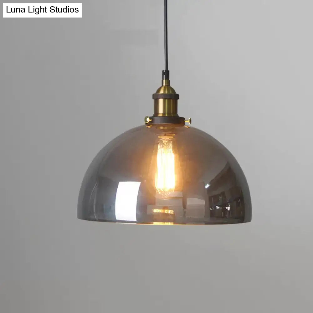 Retro Style Smoky Grey Glass Pendant Lamp - Brass Finish Bedside Ceiling Hanging Light