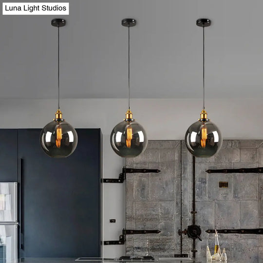 Retro Style Smoky Grey Glass Pendant Lamp - Brass Finish Bedside Ceiling Hanging Light