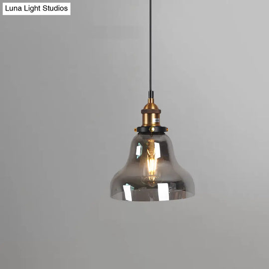 Retro Style Smoky Grey Glass Pendant Lamp - Brass Finish Bedside Ceiling Hanging Light