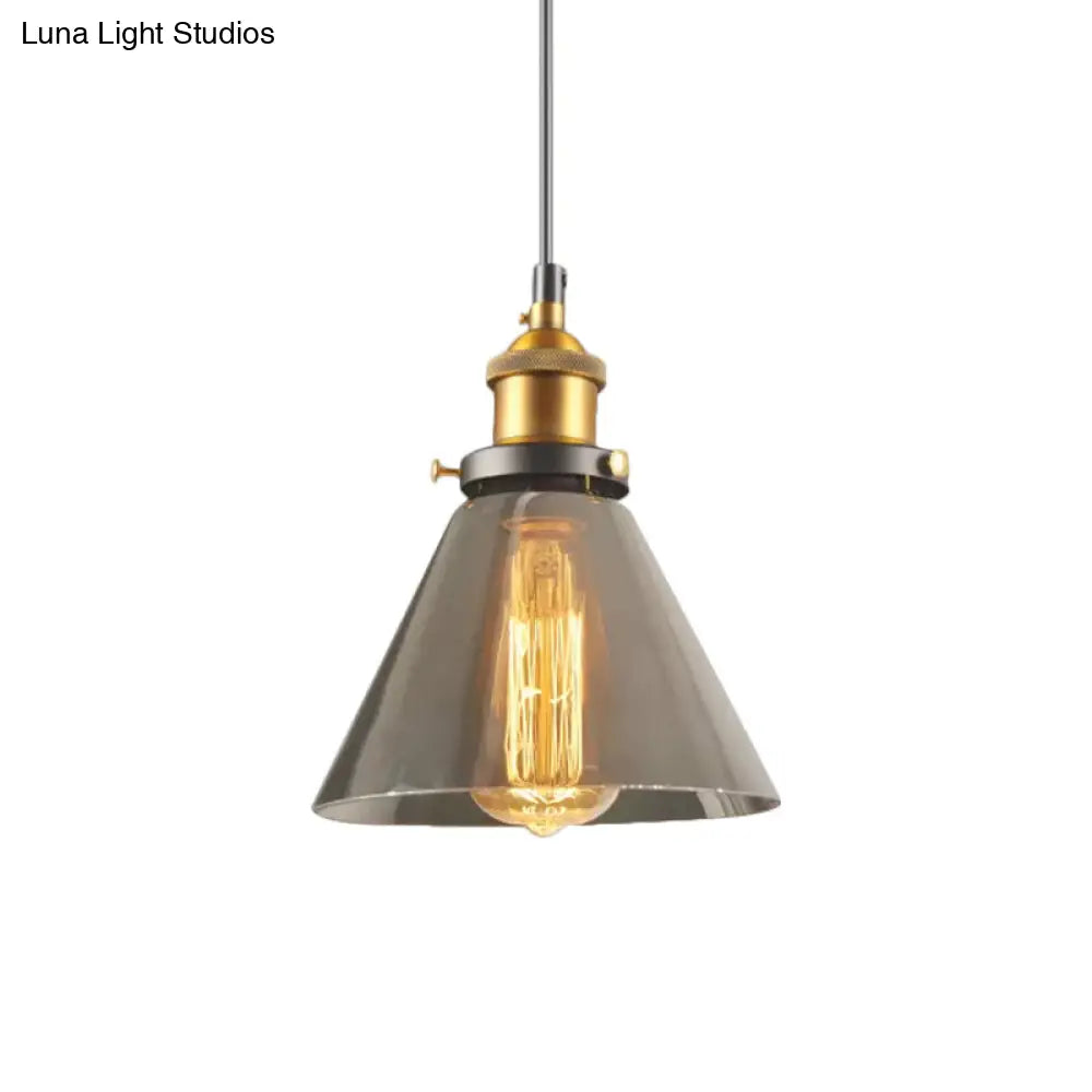 Retro Smoky Grey Glass Pendant Lamp - Brass Finish Smoke Gray / A