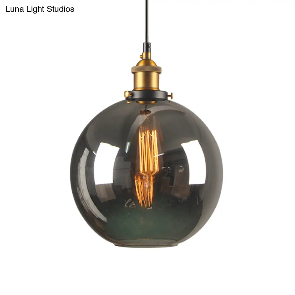 Retro Style Smoky Grey Glass Pendant Lamp - Brass Finish Bedside Ceiling Hanging Light