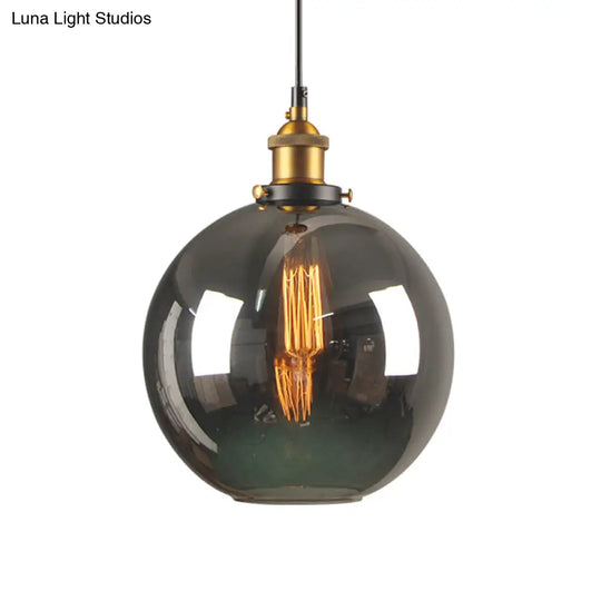 Retro Style Smoky Grey Glass Pendant Lamp - Brass Finish Bedside Ceiling Hanging Light