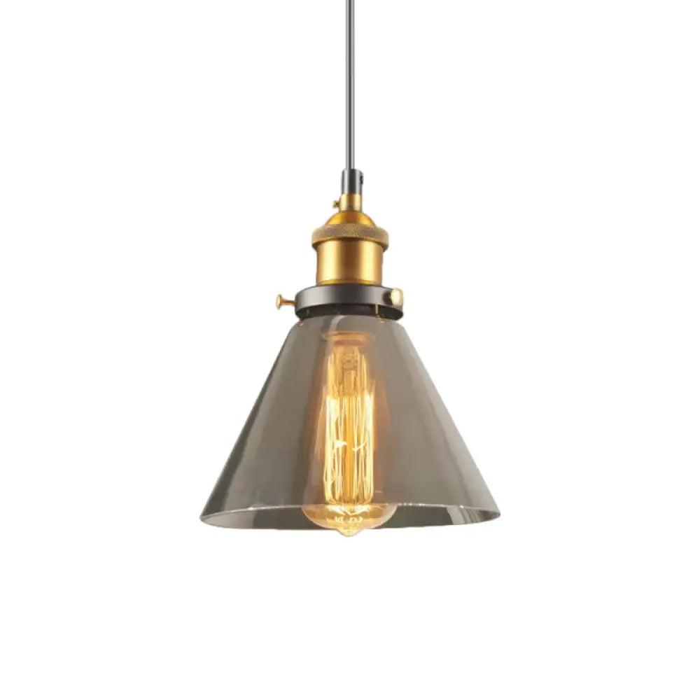 Retro Style Smoky Grey Glass Pendant Lamp - Brass Finish Bedside Ceiling Hanging Light Smoke Gray /