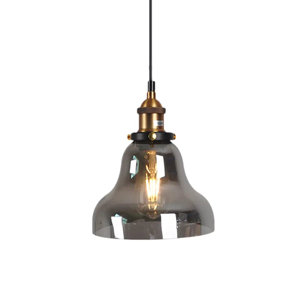 Retro Style Smoky Grey Glass Pendant Lamp - Brass Finish Bedside Ceiling Hanging Light Smoke Gray /