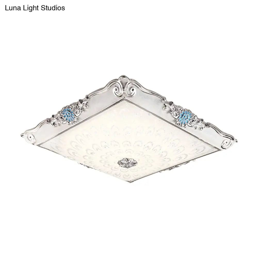 Retro Style Square Flushmount Led Ceiling Light With Cream Glass And Blue Glow For Bedrooms