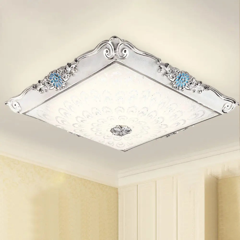 Retro Style Square Flushmount Led Ceiling Light With Cream Glass And Blue Glow For Bedrooms