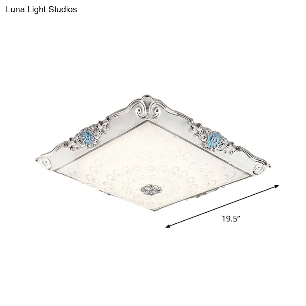 Retro Style Square Flushmount Led Ceiling Light With Cream Glass And Blue Glow For Bedrooms