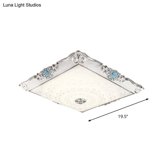 Retro Style Square Flushmount Led Ceiling Light With Cream Glass And Blue Glow For Bedrooms