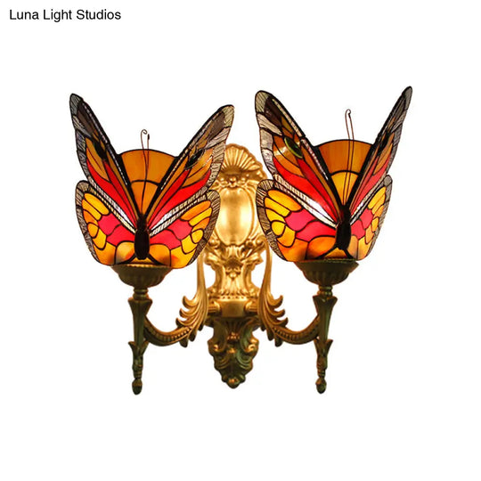 Retro Style Stained Glass Butterfly Wall Sconce - Colorful 2-Light Fixture For Stairway