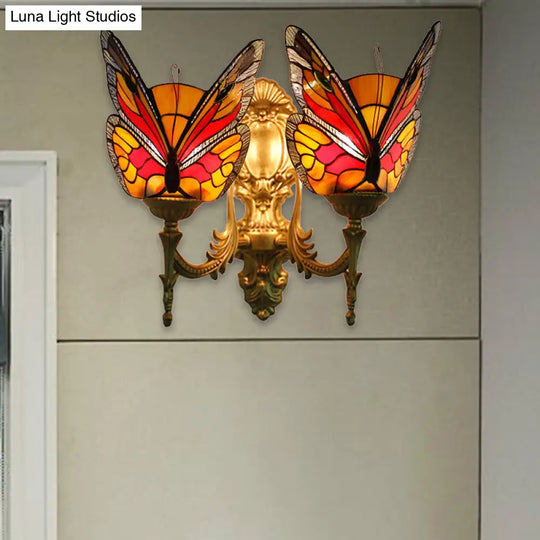 Retro Style Stained Glass Butterfly Wall Sconce - Colorful 2-Light Fixture For Stairway