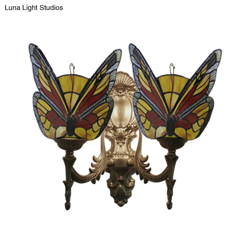 Retro Style Stained Glass Butterfly Wall Sconce - Colorful 2-Light Fixture For Stairway