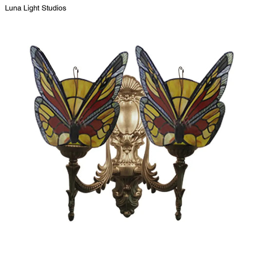 Retro Style Stained Glass Butterfly Wall Sconce - Colorful 2-Light Fixture For Stairway