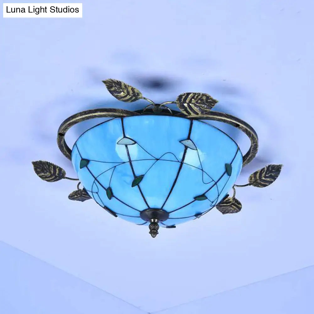 Retro Style Stained Glass Ceiling Light Fixture - Bowl-Shaped 3 Bulbs Flushmount