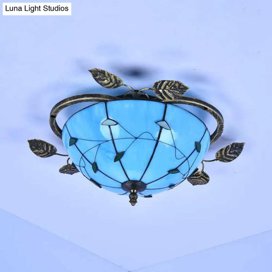 Retro Style Stained Glass Ceiling Light Fixture - Bowl-Shaped 3 Bulbs Flushmount